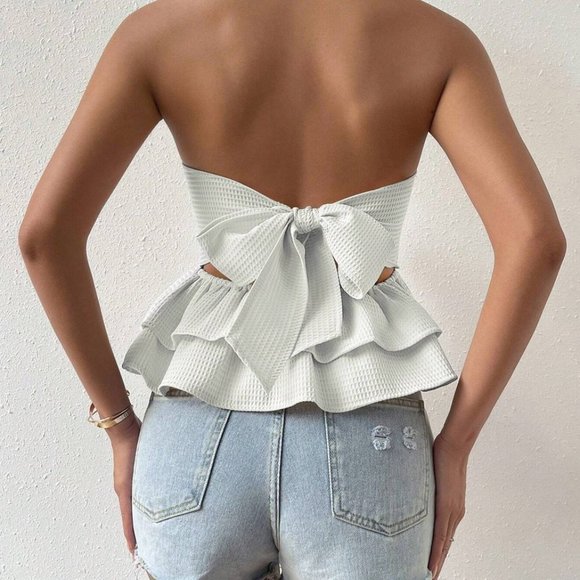 White Womens Frenchy Bow Back Ruffle Hem Tube Top - Picture 4 of 4